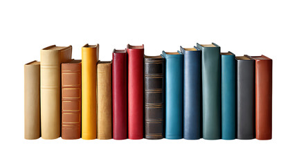 Collection of colorful books standing upright isolated on transparent background