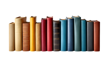 Collection of colorful books standing upright isolated on transparent background