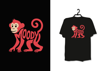 MOODY Monkey Character with Tail Typography – Creative Black T-Shirt Mockup Featuring Text-Illustration Fusion