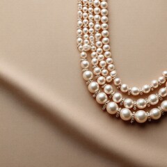 Multi-strand pearl necklace with small clear accents rests on a beige fabric.  Elegant, lustrous pearls create a luxurious feel