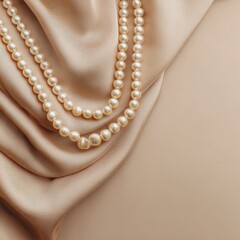 Fototapeta premium Creamy pearls, double-stranded, elegantly draped on beige silk fabric, creating soft folds and luxurious texture