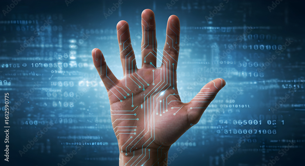 Poster open human hand displaying digital circuit patterns on blue binary code background