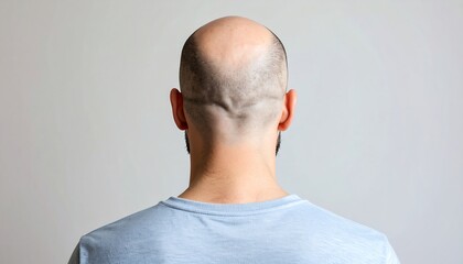 Rear view of a bald man's head and neck, wearing a light blue t-shirt against a plain background