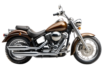 A brown cruiser motorcycle with chrome details is displayed against a transparent background