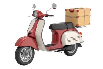 Obraz premium A classic red and cream vintagestyle scooter with a large cardboard box on the back is ready for delivery isolated on transparent background