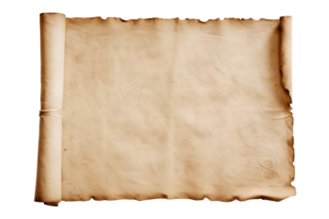 Aged parchment scroll with burnt edges isolated on a transparent background rolled paper