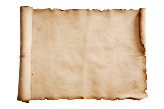 Aged parchment scroll with burnt edges isolated on a transparent background rolled paper