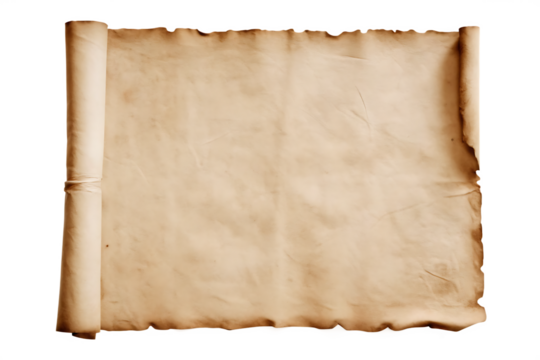 Aged parchment scroll with burnt edges isolated on a transparent background rolled paper
