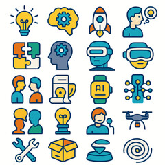 Colorful illustration of various technology and innovation concepts, ideas, and symbols.