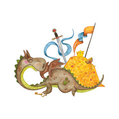 Composition, dragon with key in paw next to pile of gold. Watercolor illustration hand drawn in cartoon. Drawing for stickers, print, children's book. Fairy tale, dragon
