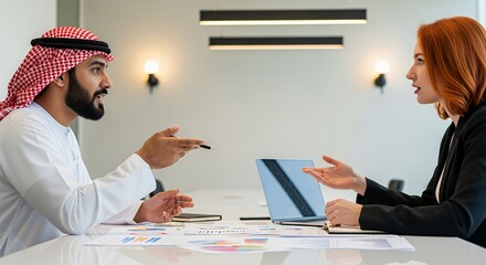 A man in traditional Middle Eastern attire and a woman in business attire engage in a serious discussion over a laptop during a meeting.