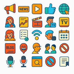 Flat icons representing various media and communication elements.