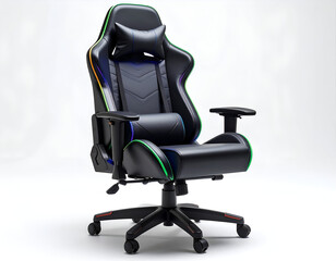 A sleek black ergonomic gaming armchair with dynamic RGB lights and integrated speakers, isolated on a white studio background.