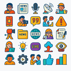 A collection of colorful, illustrated icons representing various aspects of news, media, and communication.