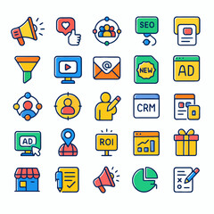 Collection of colorful, flat design icons representing various marketing and business concepts.