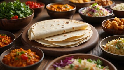 Stack of soft flour tortillas on a wooden board, ready for assembly with various fresh ingredients in surrounding bowls.