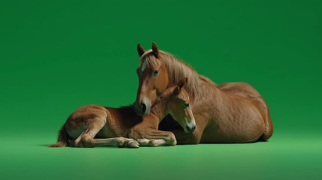 A horse and foal resting together on a green screen background in a studio setting indoors green screen animal video