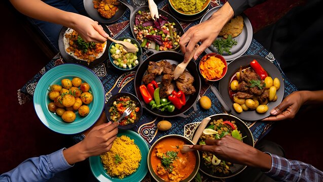Diverse hands reaching for and sharing a vibrant array of international dishes on a richly patterned communal dining table.
