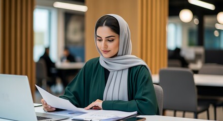 A focused young woman in a hijab works diligently on her laptop and paperwork in a modern, bright setting.