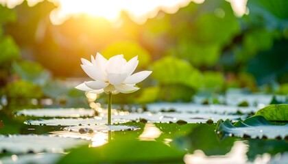 A single white lotus flower blossoms in a sunlit pond, surrounded by lily pads and vibrant green foliage