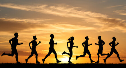 Silhouette of Active People Running at Sunset with Orange and Yellow Sky in Outdoor Fitness Training