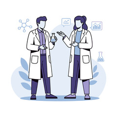 Scientists in lab coats discussing research findings. Teamwork in a scientific laboratory.