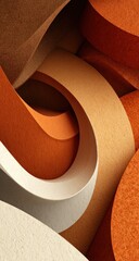 Abstract earthy tones. Wavy, curved paper-like forms in shades of beige, orange, and brown overlap creating depth. A smooth, tactile feel with a muted color palette evoking organic texture