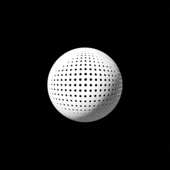 A white sphere on black background, featuring a regular pattern of evenly spaced perforations across its surface