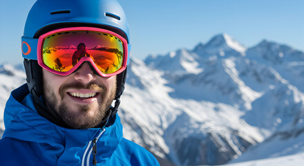 Smiling Man in Blue Ski Helmet Pink Goggles with Snowy Mountain Background on Sunny Day Winter Sport Leisure Photo
