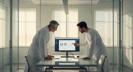 Two colleagues in white robes collaborate intently over a computer screen displaying charts and graphs, analyzing data together in a modern .