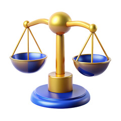 Antique golden scales of justice with blue bowls balanced perfectly on a blue base isolated on transparent background