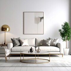 Modern living room with white sofa, gold accents, and minimalist art