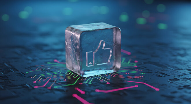 Thumbs Up Icon in an Ice Cube on a Lit Circuit Board with Soft Focus