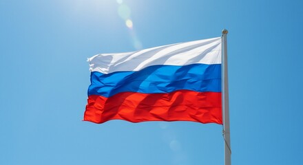 Russia National Flag. A waving national flag of Russia against the sky, symbolizing patriotism and the respective nations