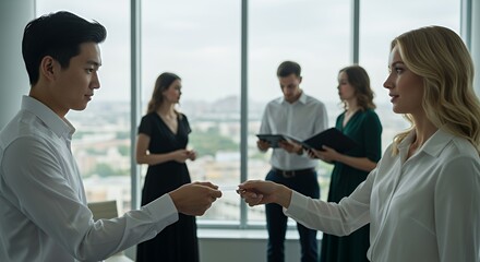 Two young professionals exchange business cards in a modern building, while colleagues work nearby.