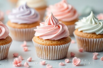Deliciously decorated cupcakes in pastel shades.
