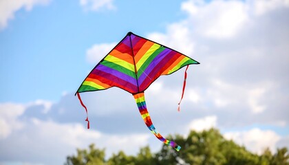 Rainbow kite soaring in a partly cloudy sky