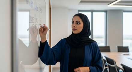 A woman in a hijab confidently presents a business plan on a whiteboard during a productive meeting.