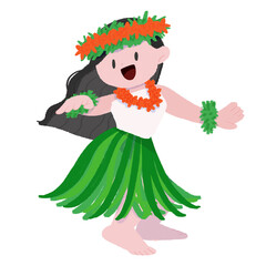 女性のハワイアンダンサーが踊っている手描きカラーデフォルメイラスト