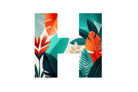 Letter H with Tropical Leaf and Flower Pattern in Bright Colors on Transparent Background
