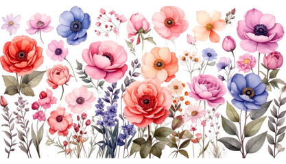 Fototapeta premium Watercolor floral arrangement with vibrant spring flowers for invitations and romantic designs