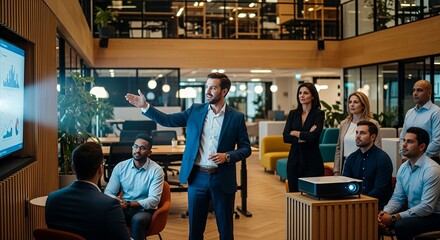 A charismatic businessman confidently delivers a presentation to a captivated audience in a modern setting.
