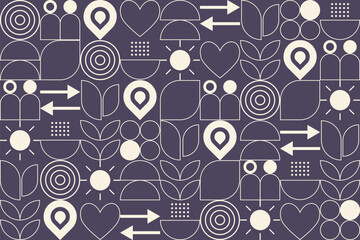 Seamless geometric pattern featuring abstract icons, including hearts, leaves, location pins, people, suns, and arrows, on a dark purple background, ideal for modern design and branding.