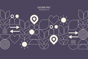 Modern geometric background with abstract icons in cream on a dark purple backdrop, ideal for branding, digital graphics, and creative design projects.