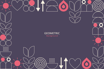 Modern geometric background with abstract icons in cream and pink on a dark purple backdrop, ideal for branding, digital graphics, and creative design projects.