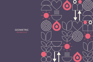 Modern geometric background with abstract icons in cream and pink on a dark purple backdrop, ideal for branding, digital graphics, and creative design projects.