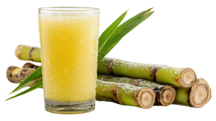 Fresh squeezed sugar cane juice in pitcher with cut pieces cane on nature background
