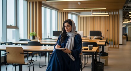 A young woman in a hijab sits at a desk in a modern, bright , thoughtfully writing in a notebook.