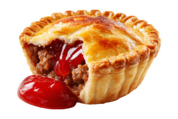 Australia meat pie filled with minced meat and topped with ketchup, isolated on white transparent background, concept of savory baked food