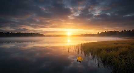 Fototapeta premium Maple Leaf Floating on Lake at Sunrise with Foggy Forest Reflections